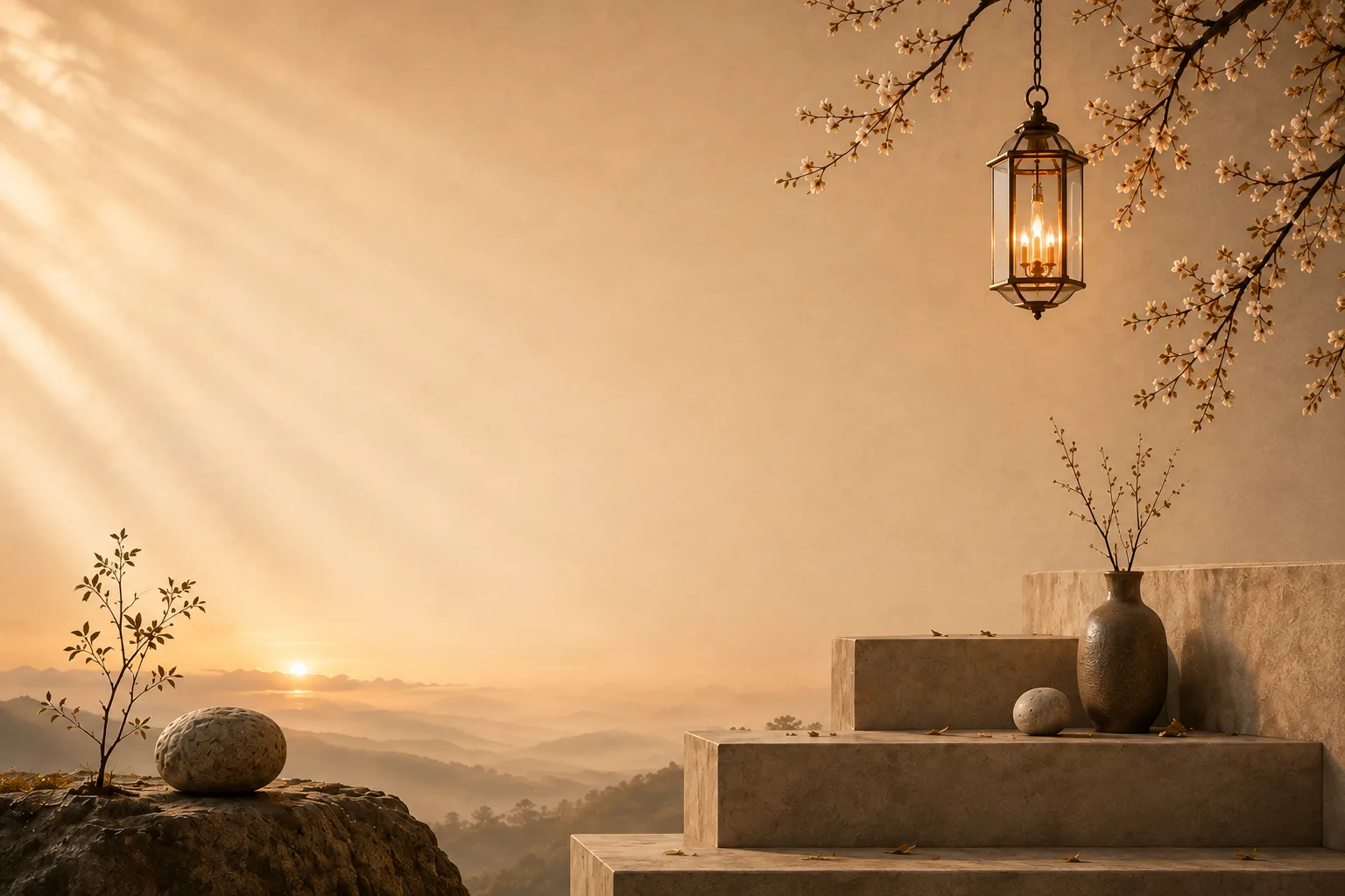 Home 15 Custom-made decorative lighting by Jagmag Lights - a handcrafted brass lantern in a serene mountain-sunrise setting