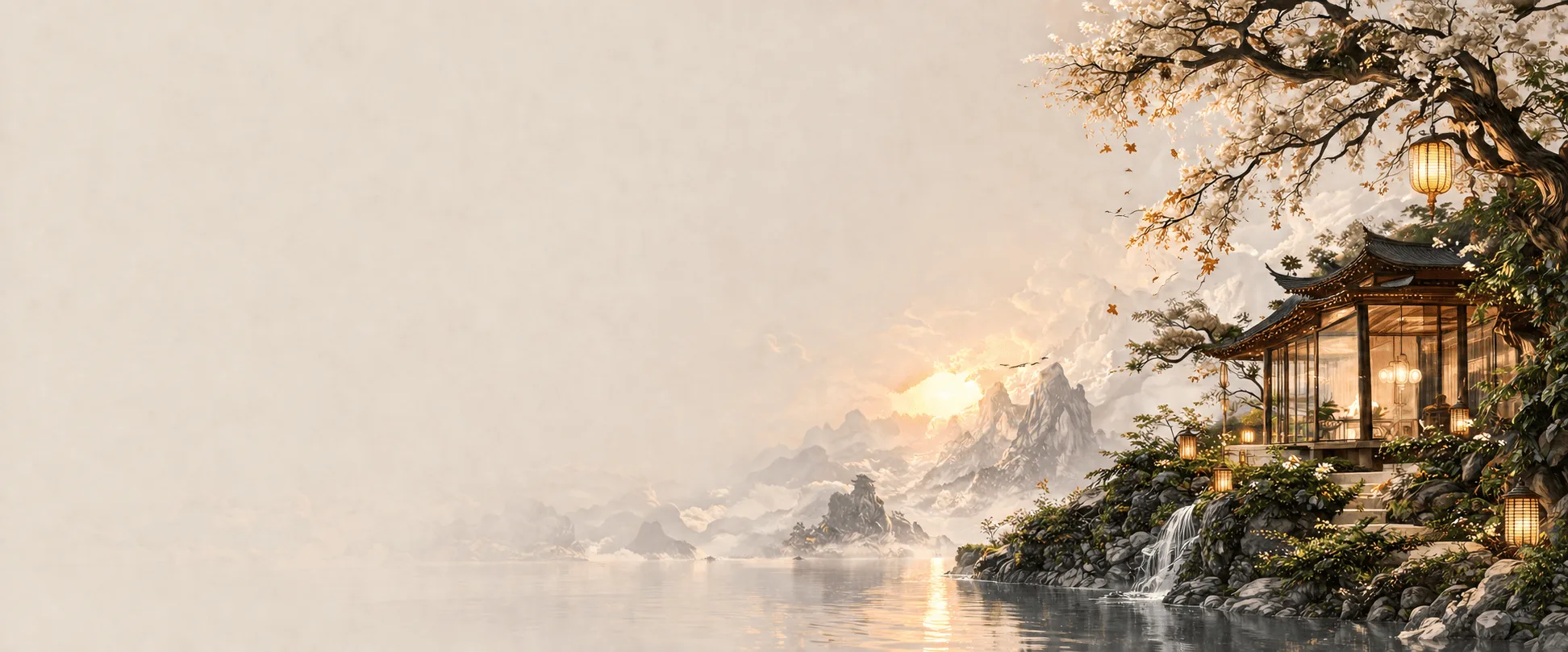 Home 16 Become a Jagmag Lights dealer - a serene mountain pagoda with warm lanterns at sunrise